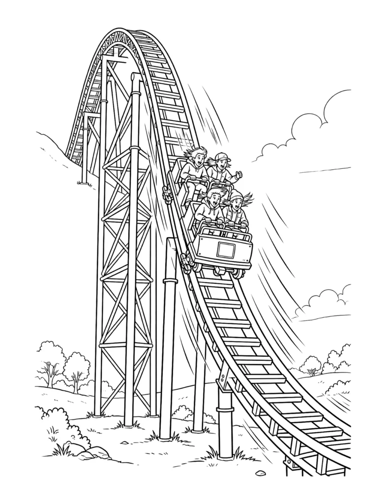 Roller Coaster Going Down a Big Drop coloring page