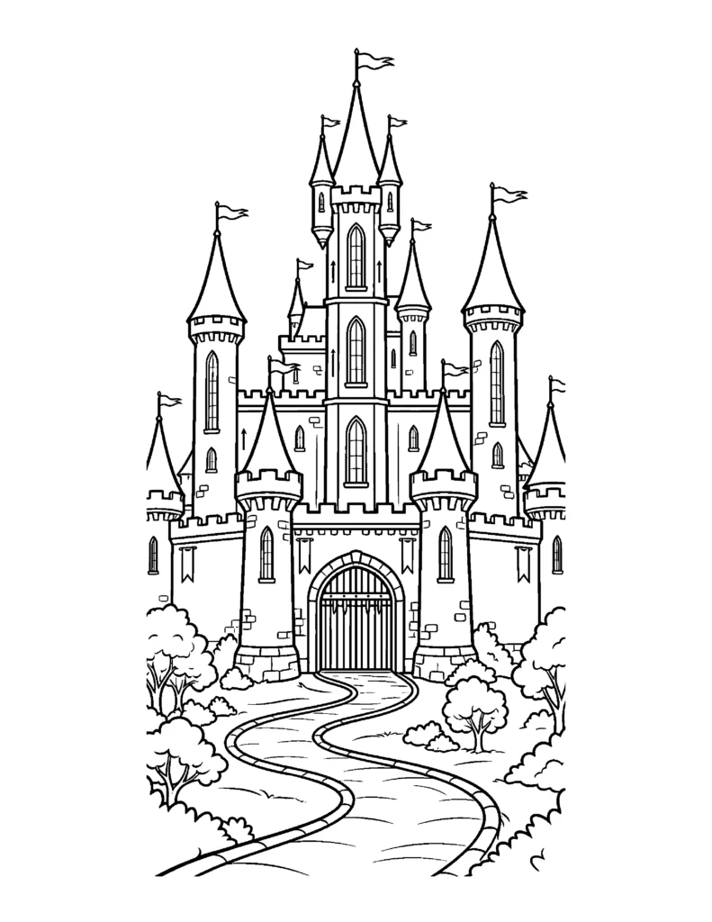 Fairy Tale Castle With Tall Towers coloring page