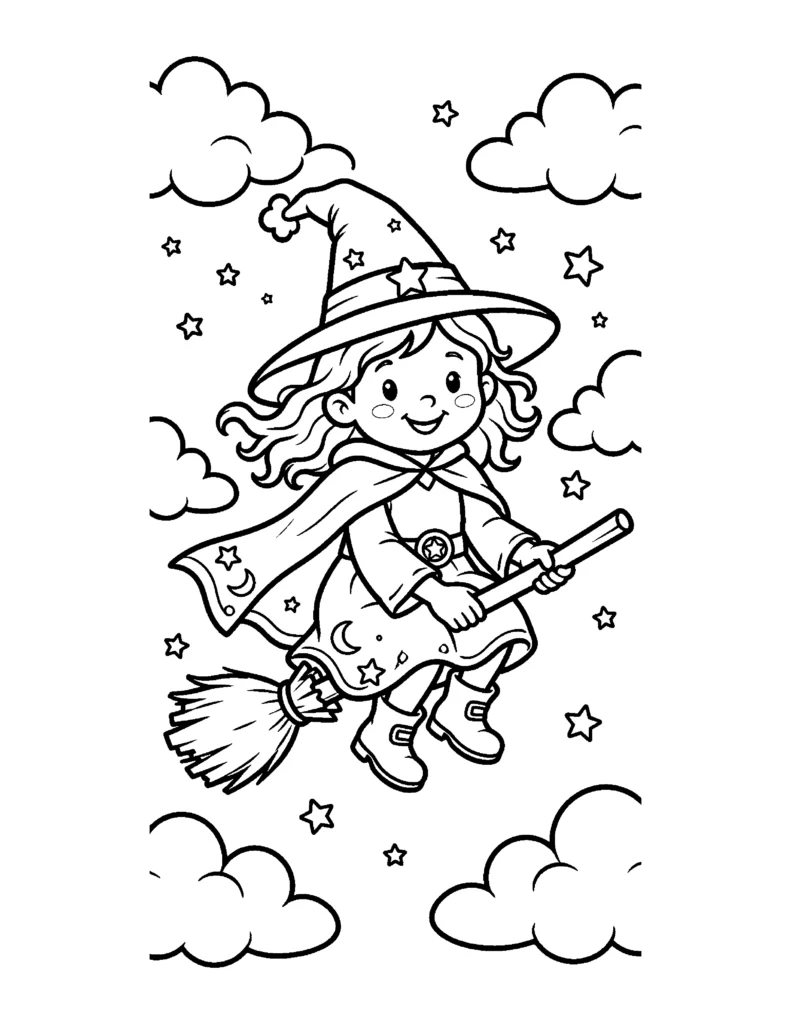 Friendly Witch Flying on a Broom coloring page