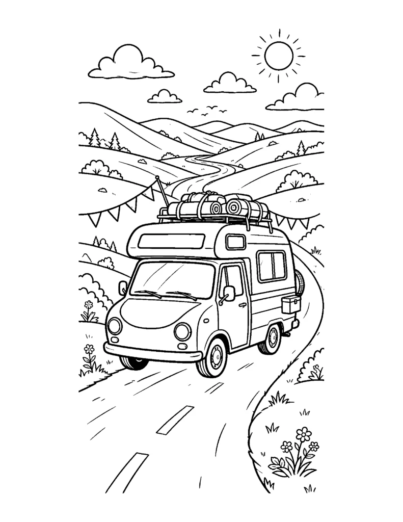 Camper Van on a Road Trip coloring page
