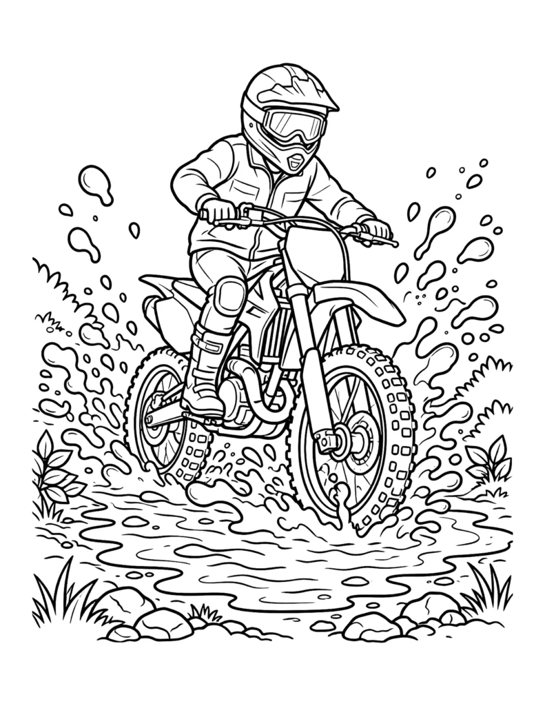 Dirt Bike Splashing Through Mud coloring page
