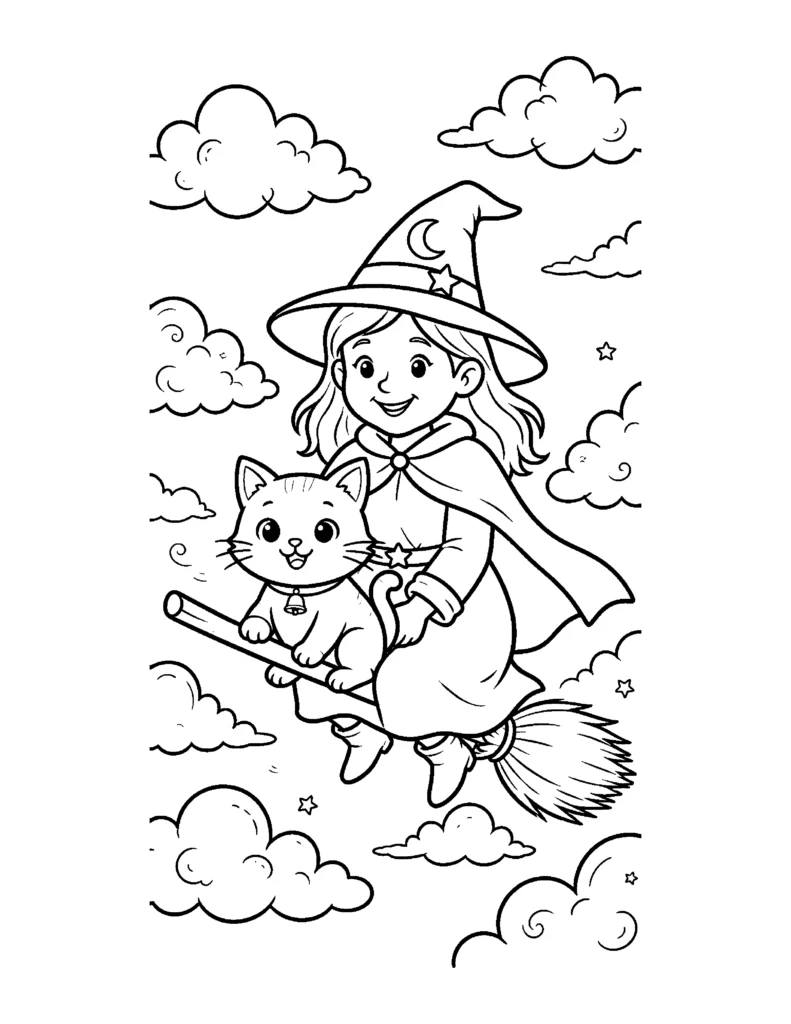 Witch and Cat Riding a Broom Together coloring page