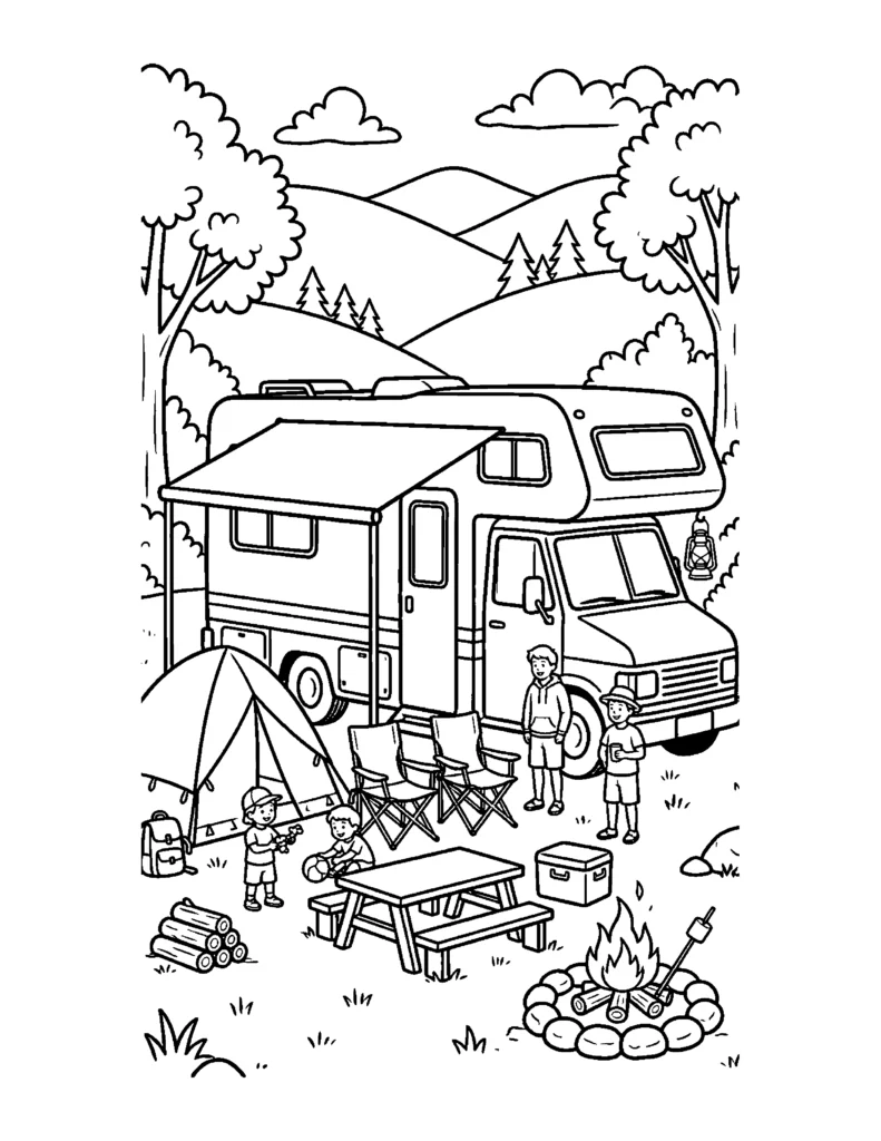 Big RV at a Campsite coloring page