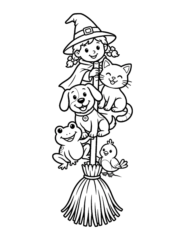 Broom Full of Animal Friends coloring page