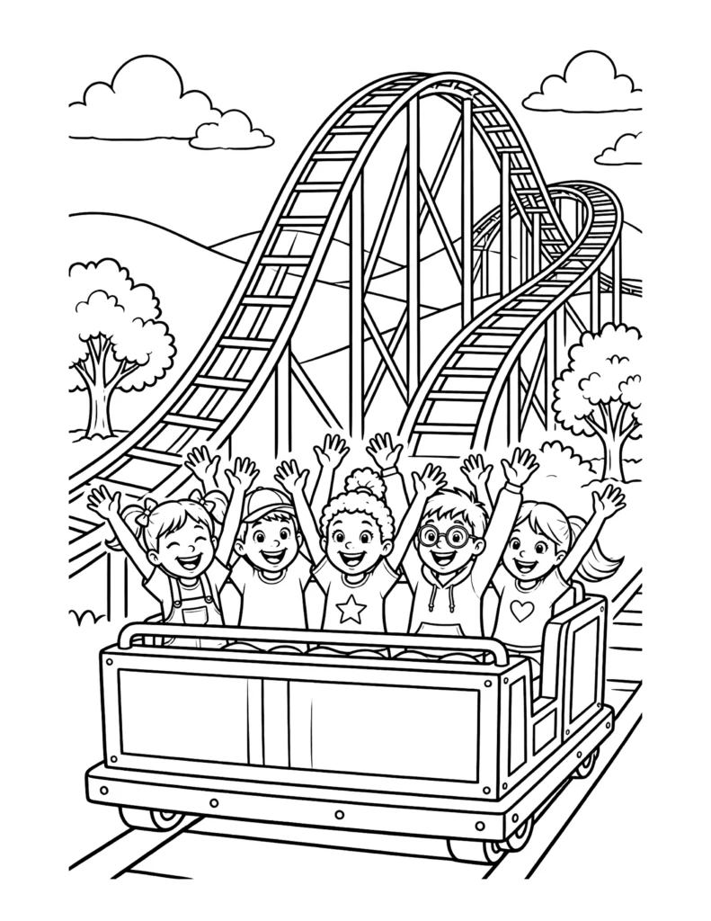 Kids Cheering in a Roller Coaster Cart coloring page