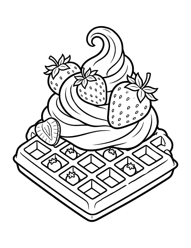 Waffle With Strawberries and Whipped Cream coloring page