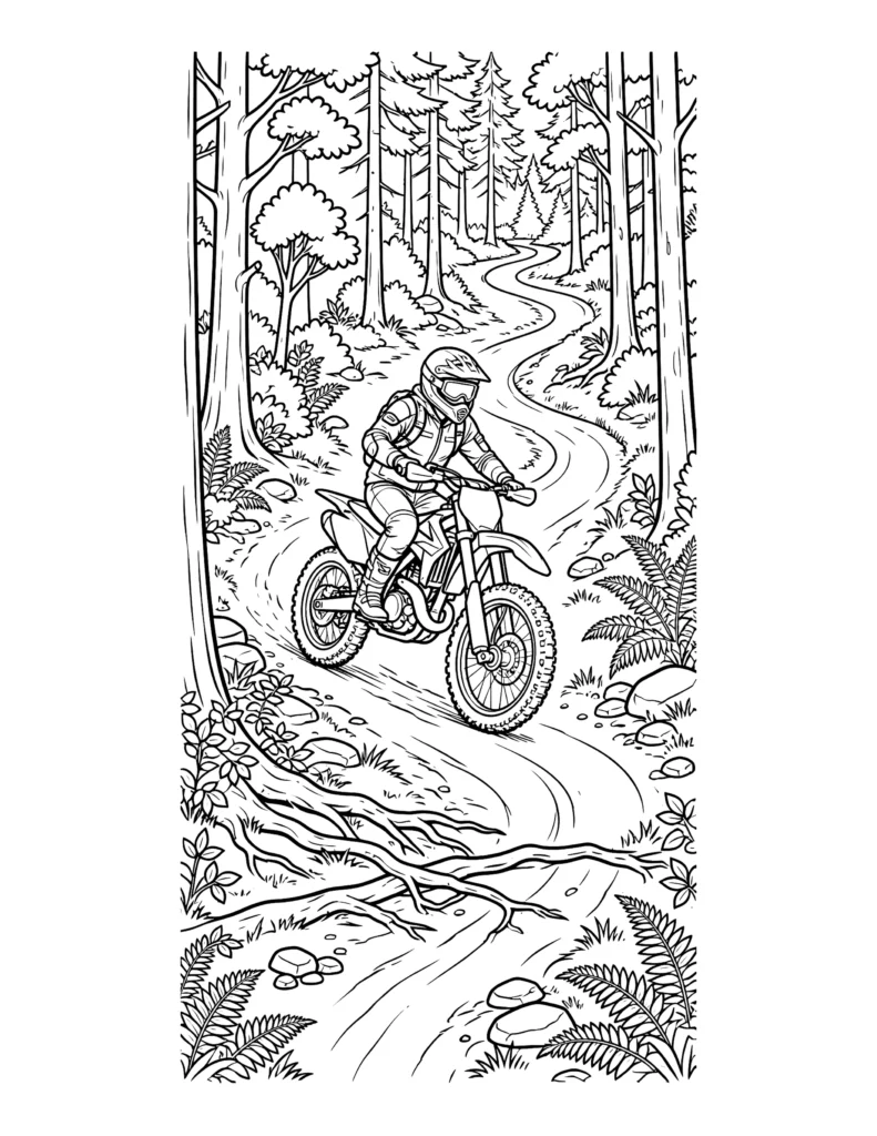 Dirt Bike on a Forest Trail coloring page