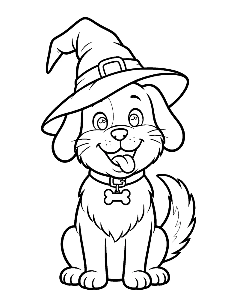 Friendly Dog With a Witch Hat coloring page