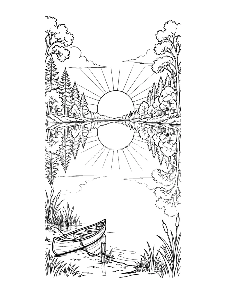 Sunset Over a Lake With a Canoe coloring page