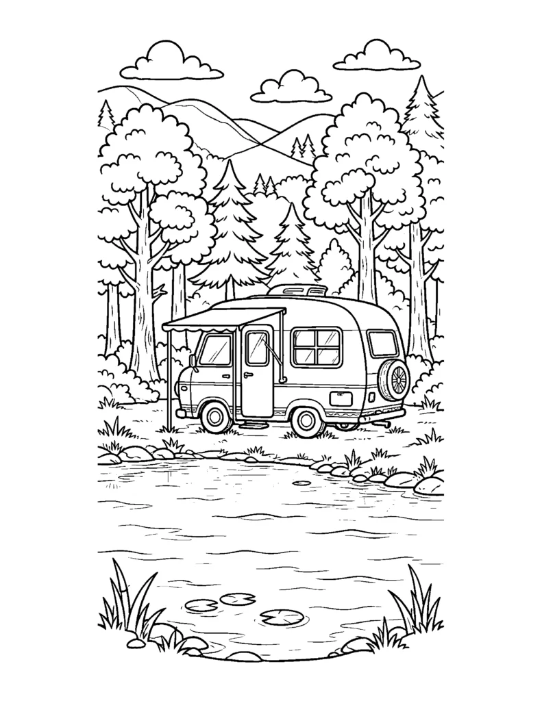 Camper by the Lake coloring page