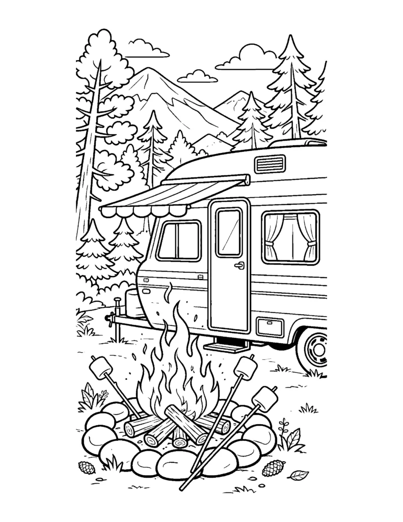 Campfire and S'mores Next to a Camper coloring page