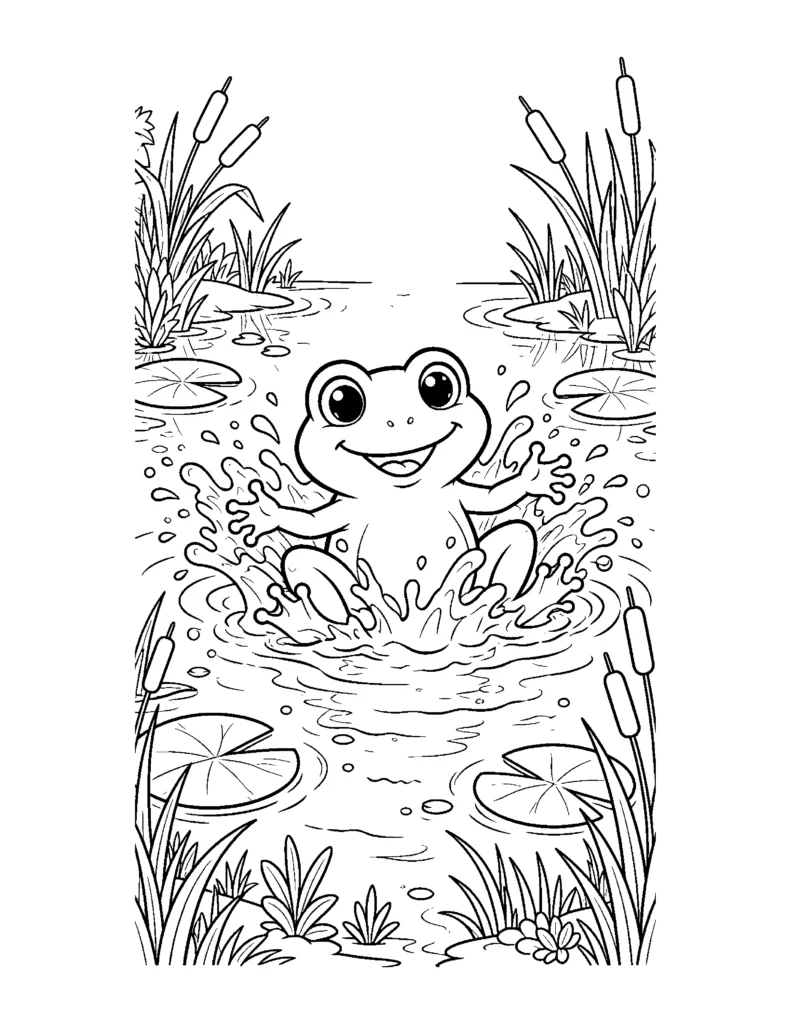 Cute Frog Splashing in a Pond coloring page