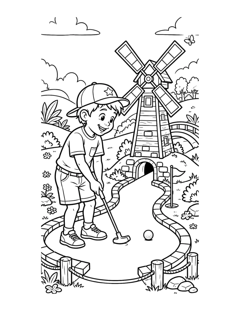 Kid Playing Mini Golf coloring page