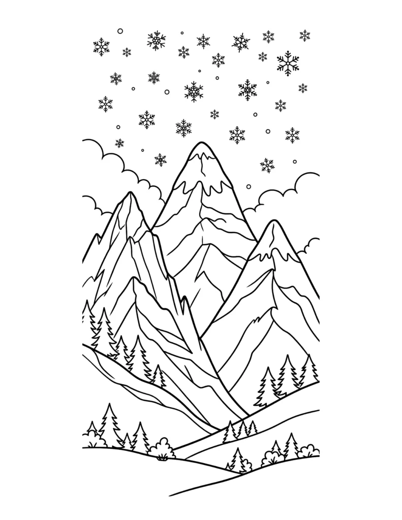 Precipitation: Snow Falling on Mountains coloring page