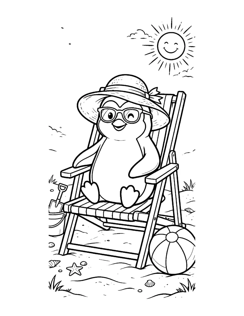 Penguin on a Beach Holiday coloring page
