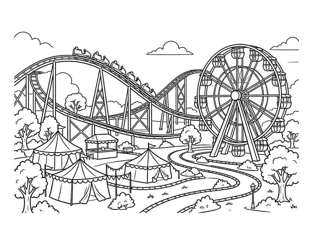 Theme Park Scene With a Roller Coaster and Ferris Wheel coloring page