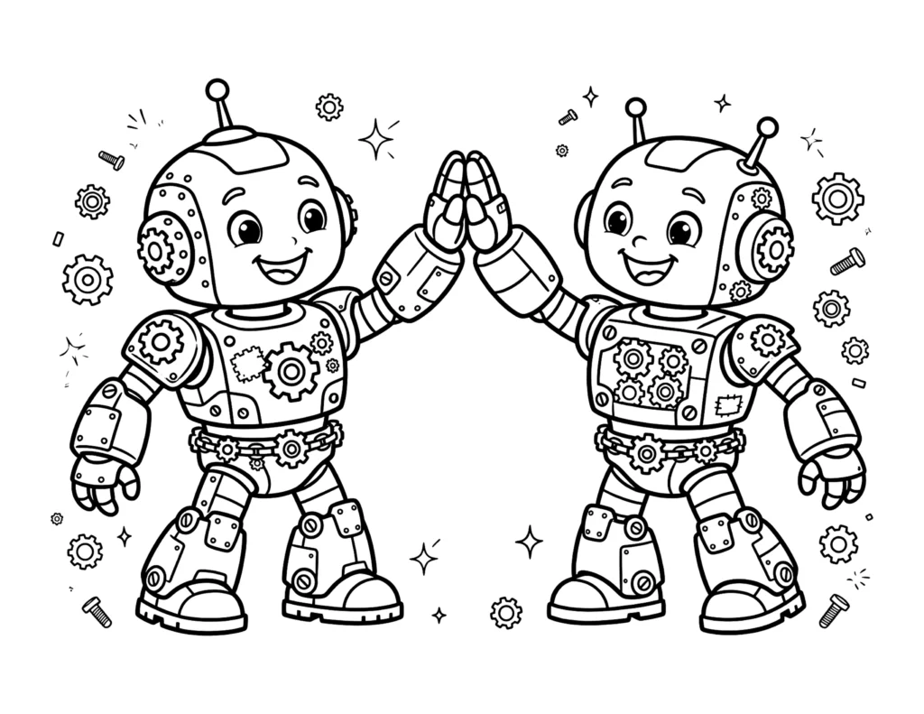 Two Robot Friends High-Fiving coloring page