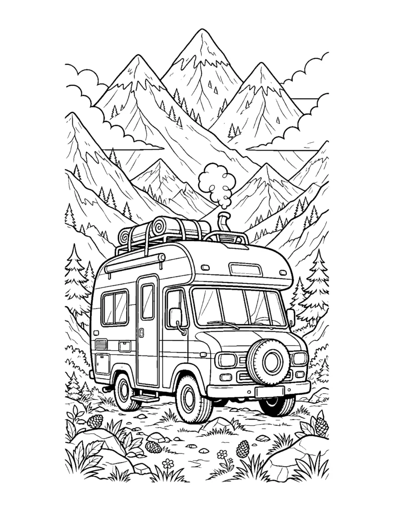 Camper in the Mountains coloring page