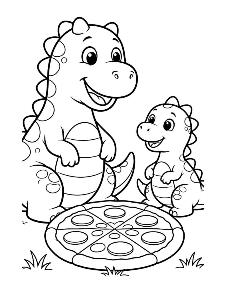 Dinosaur Sharing Pizza coloring page