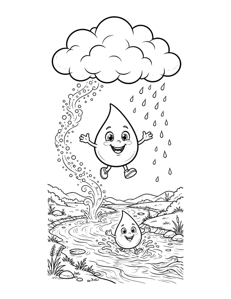 Happy Raindrop Character on a Journey coloring page