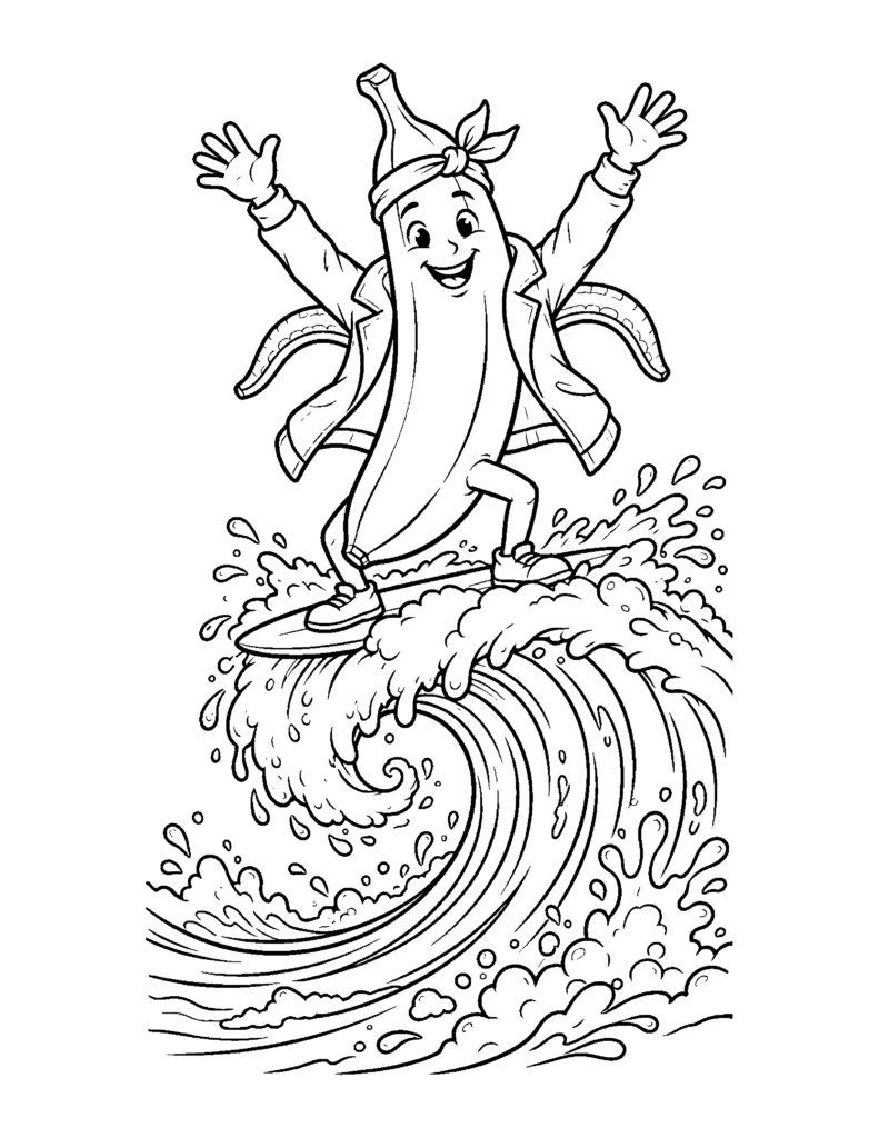 Banana Surfing a Wave coloring page