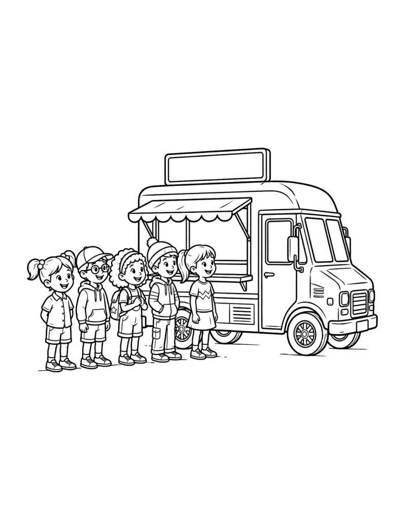Kids Lining Up at a Food Truck coloring page