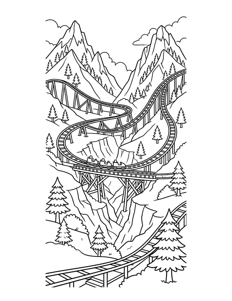 Roller Coaster Through the Mountains coloring page