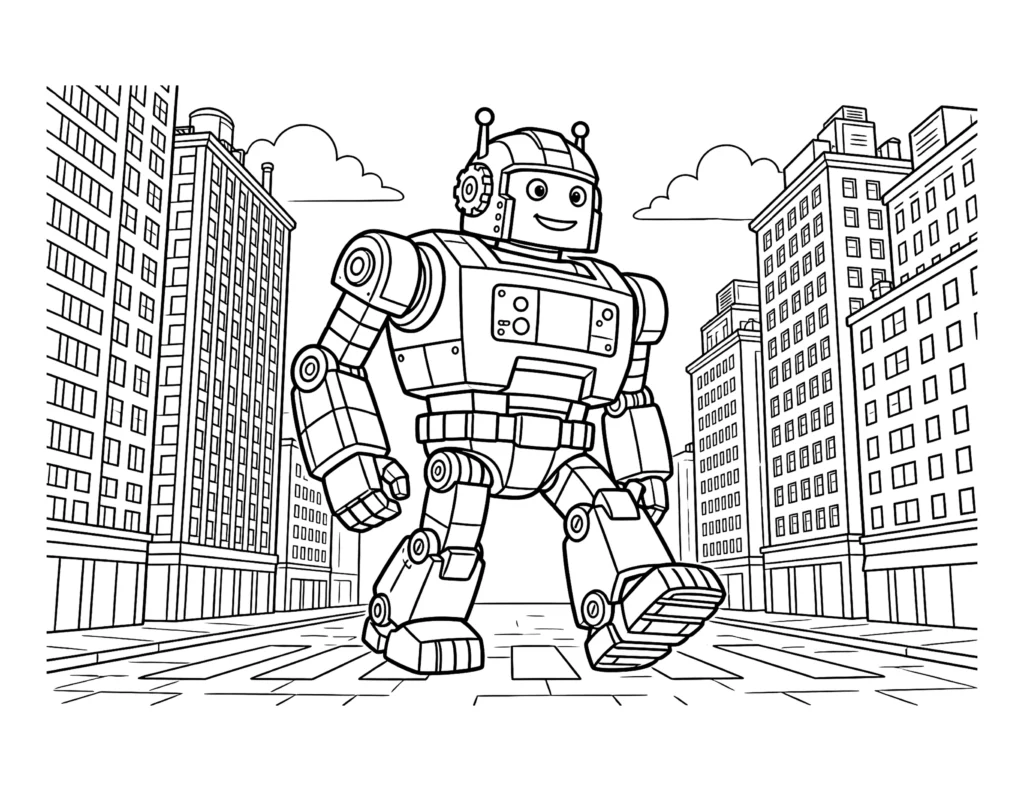 Robot Walking Through a City coloring page