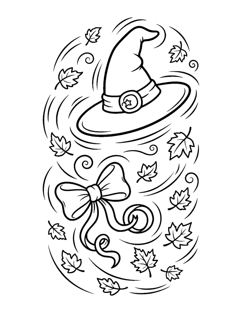 Witch's Hat and Bow Blowing in the Wind coloring page