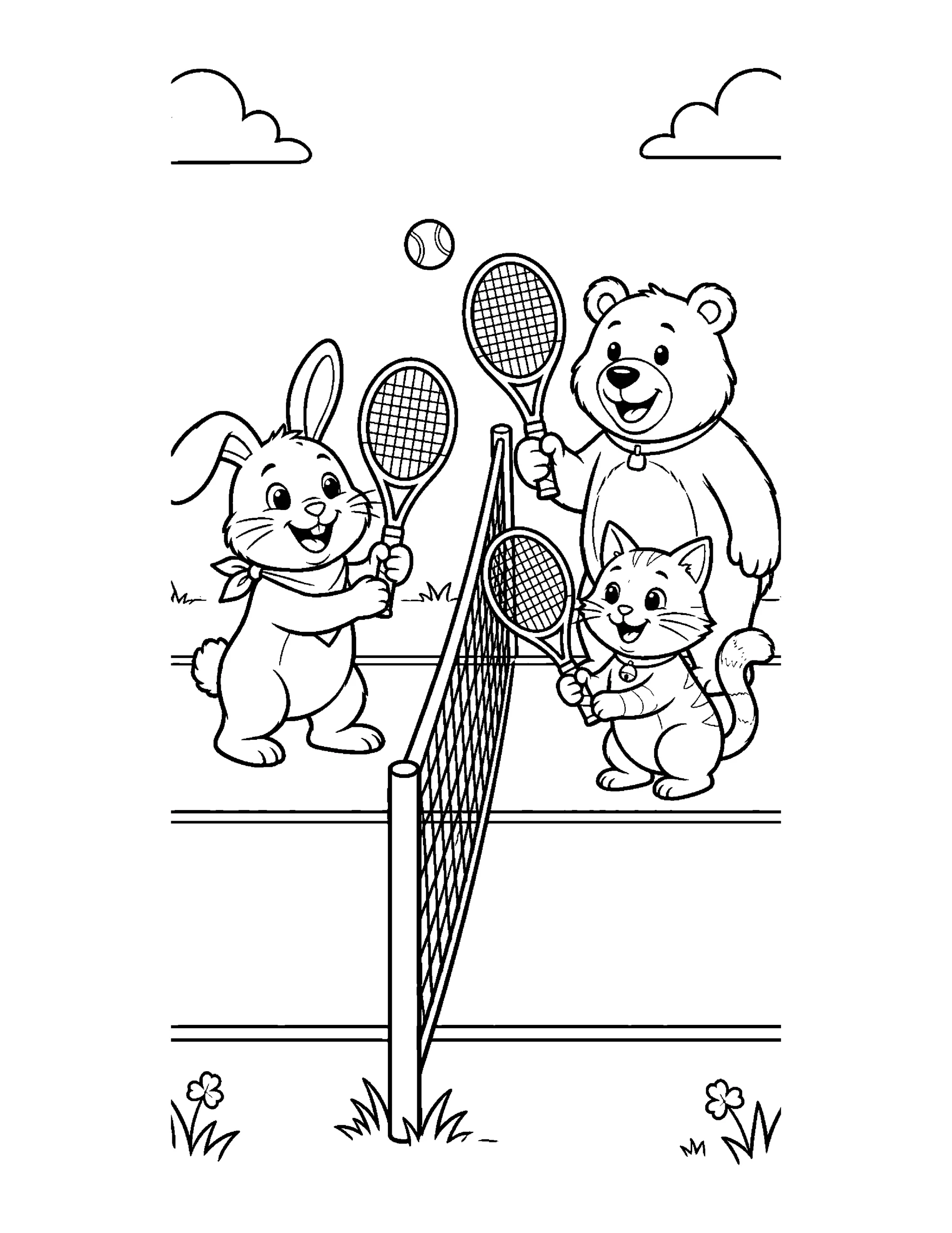 Animal Friends Playing Tennis colouring page