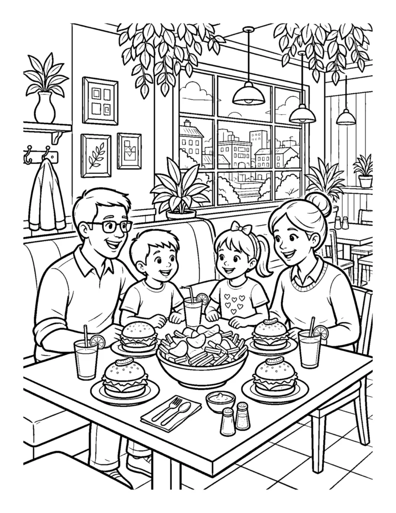 Family Eating at a Restaurant coloring page