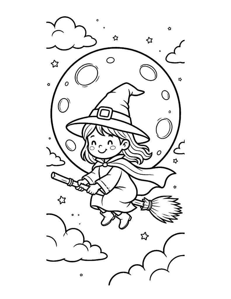 Witch Flying Past a Full Moon coloring page