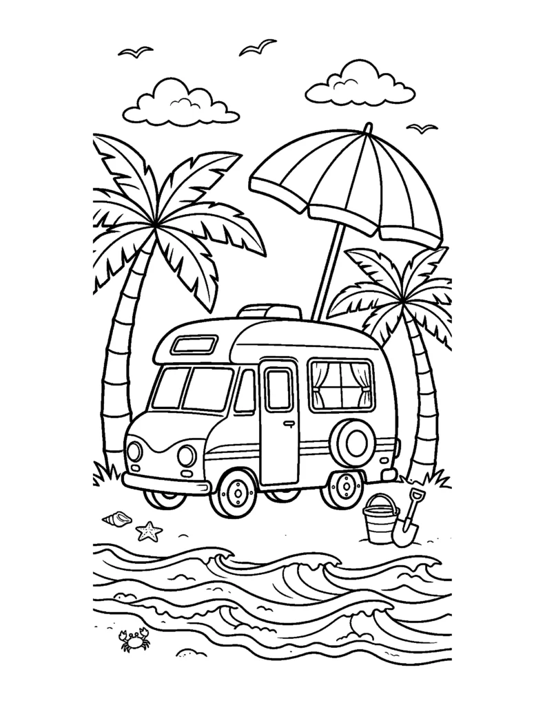 Camper at the Beach coloring page