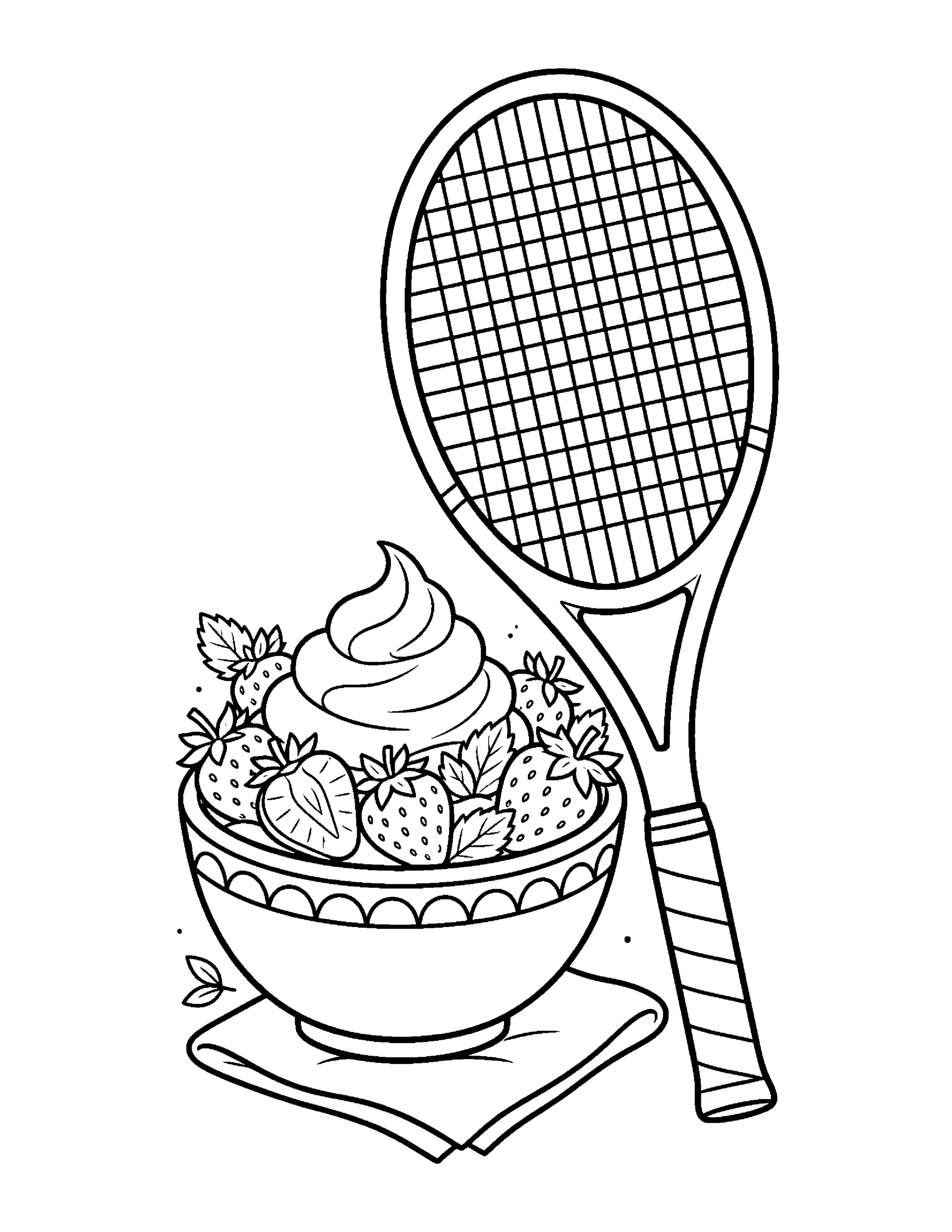 Strawberries and Cream With a Tennis Racket colouring page