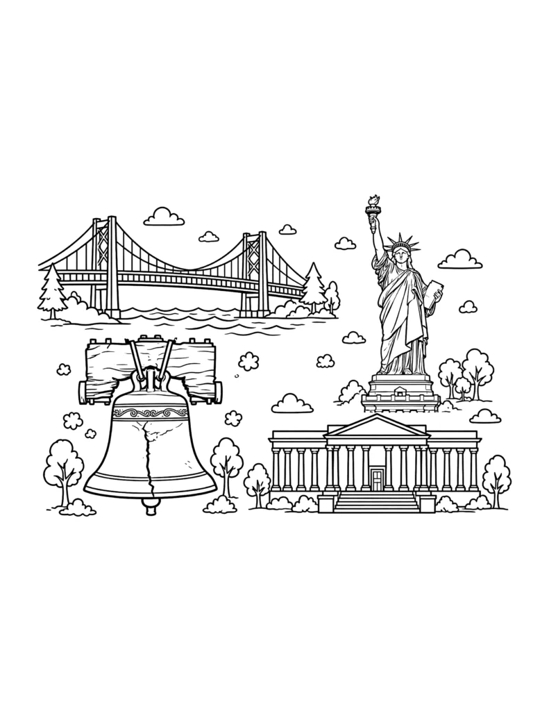 USA Landmarks Collage coloring page
