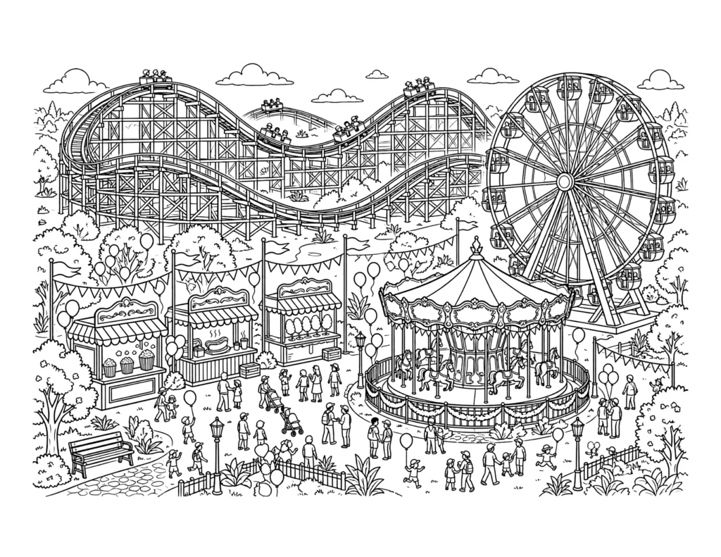 Detailed Amusement Park Scene (for older kids) coloring page