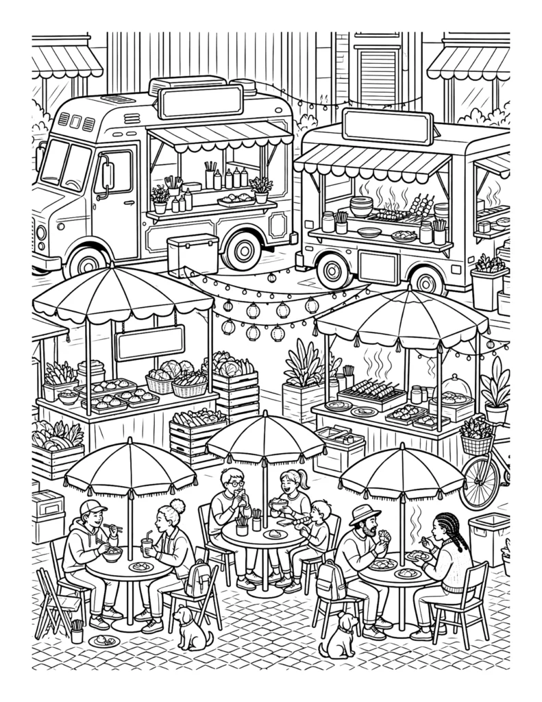 Detailed Street Food Market coloring page