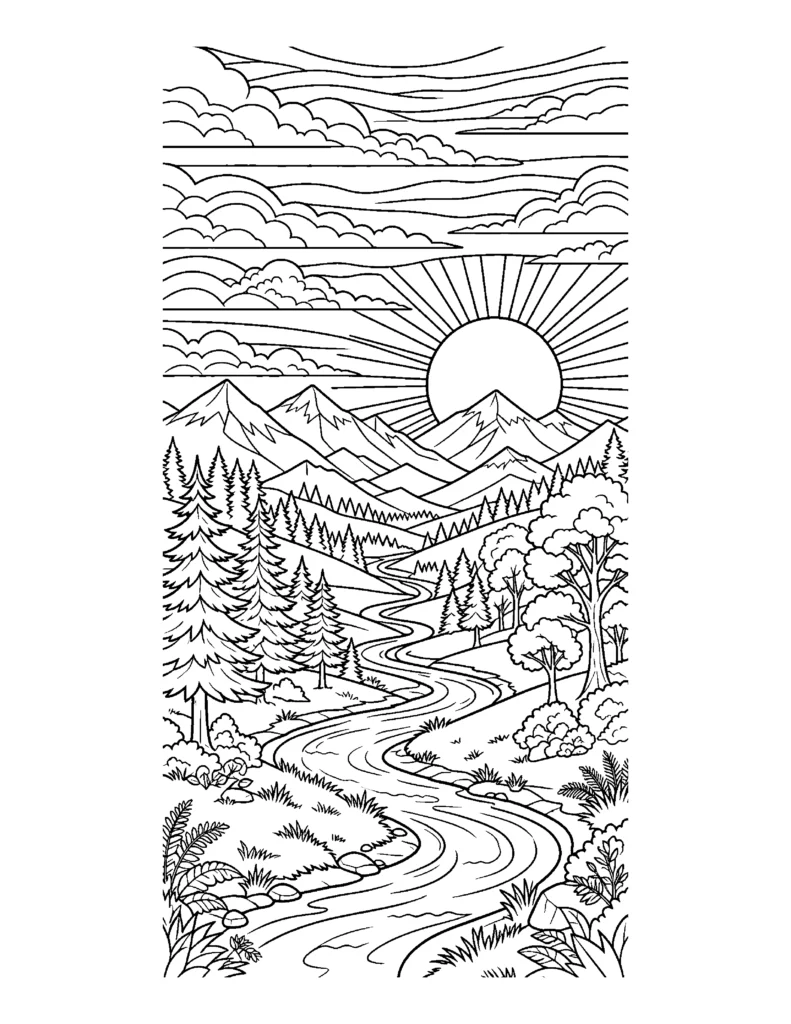 Detailed Sunset Landscape (for older kids and adults) coloring page