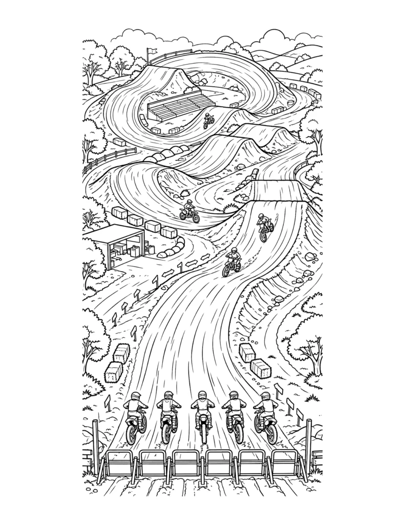 Motocross Track Scene (detailed, for older kids) coloring page