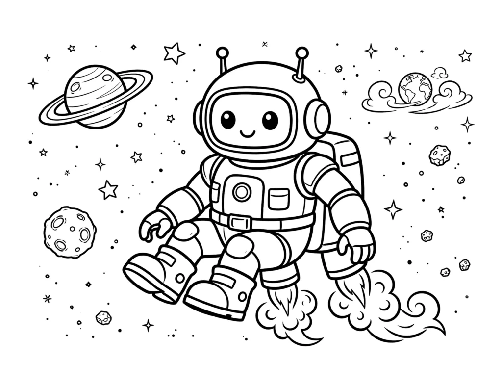Robot Flying in Space coloring page