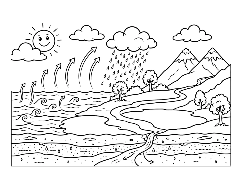 Water Cycle Landscape Scene (detailed, for older kids) coloring page