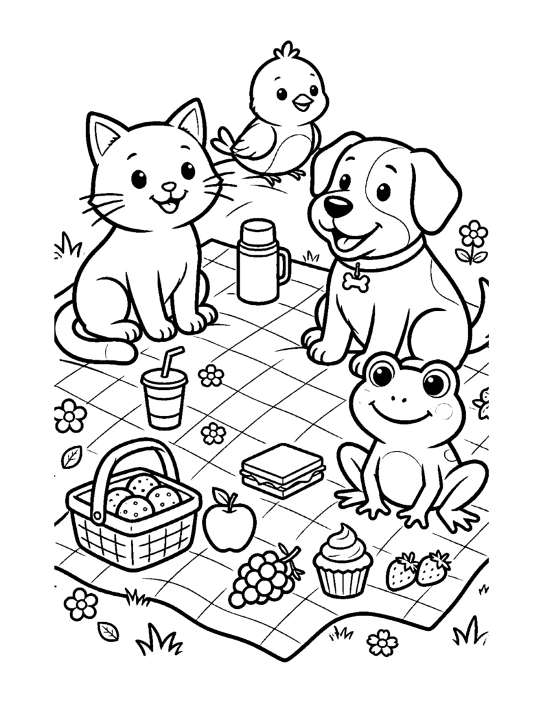 Animal Friends Having a Picnic coloring page