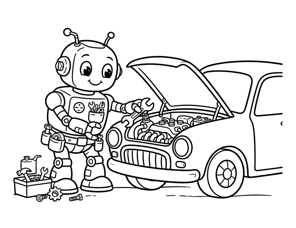 Robot Fixing a Car With Tools coloring page